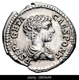 Geta (189-211 CE) was the younger son of Emperor Septimius Severus, born in Rome during the reign of Emperor Commodus. Geta fought often with his older brother Caracalla, and would require the mediation of their mother Julia Domna. Septimius Severus named Geta 'Augustus' in 209, making him a co-emperor alongside Caracalla, who had been named co-emperor over 10 years ago, in 198 CE.  Septimius Severus died in early 211 CE, with Geta and Caracalla declared joint emperors and ordered back to Rome. Their hatred and rivalry of one another did not abate though, and there were even talks about splitt Stock Photo