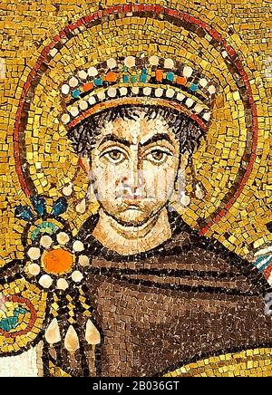 Justinian I (c. 482 – 14 November 565), traditionally known as Justinian the Great and also Saint Justinian the Great in the Eastern Orthodox Church, was Byzantine (Eastern Roman) emperor from 527 to 565.  During his reign, Justinian sought to revive the empire's greatness and reconquer the lost western half of the historical Roman Empire. His rule constitutes a distinct epoch in the history of the Later Roman empire, and his reign is marked by the ambitious but only partly realized restoration of the empire. Stock Photo