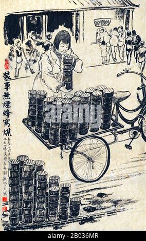 Throughout China, cylindrical briquettes, called 'feng wo mei' (beehive coal) are used in purpose-built cookers.  These briquettes were invented in Japan in the 19th century, and spread to Manchukuo, Korea and China in the first half of the 20th century. Although they went out of use in Japan after the 1970s, they are  still popular in China, Korea and Vietnam.  Each cylinder lasts for over an hour. The cylinders are delivered, usually by cart, to businesses, and are very inexpensive. Stock Photo
