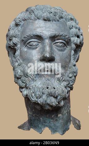 Septimius Severus (145-211 CE) was born in the Roman province of Africa, and advanced steadily through the customary succession of offices (the 'cursus honorum') during the reigns of Marcus Aurelius and Commodus. He was governor of Pannonia Superior when word of Pertniax's murder and Didius Julianus' accession reached him in 193 CE.  In response to Julianus' controversial accession through buying the emperorship in an auction, many rivals rose up and declared themselves emperor, with Severus being one of them, beginning what was known as the Year of the Five Emperors. Hurrying to Rome, Severus Stock Photo