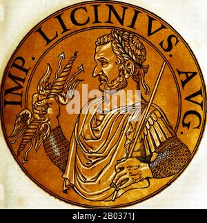 Licinius (263-325) was born to a peasant family and was a close childhood friend of future emperor Galerius, becoming a close confidante to Galerius and entrusted with the eastern provinces when Galerius went to deal with the usurper Maxentius. Galerius elevated Licinius to co-emperor, Augustus in the West, in 308, though he personally had control over the eastern provinces.  After emperors Maxentius and Maximinus II formed an alliance, Licinius was forced to enter into a formal agreement with Constantine I, marrying his half-sister Flavia Julia Constantia. He fought against Maximinus' forces Stock Photo