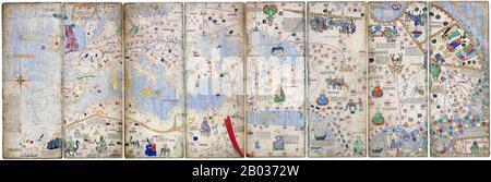 The Catalan Atlas (1375) is the most important Catalan map of the medieval period. It was produced by the Majorcan cartographic school and is attributed to Cresques Abraham, a Jewish book illuminator who was self-described as being a master of the maps of the world as well as compasses. It has been in the royal library of France (now the Bibliotheque nationale de France) since the late 14th century. Stock Photo