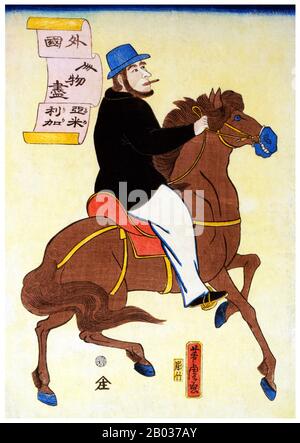 Japanese woodblock print showing an American man smoking a cigarette while on horseback.  Utagawa Yoshitora was a designer of ukiyo-e Japanese woodblock prints and an illustrator of books and newspapers who was active from about 1850 to about 1880. He was born in Edo (modern Tokyo), but neither his date of birth nor date of death is known. He was the oldest pupil of Utagawa Kuniyoshi who excelled in prints of warriors, kabuki actors, beautiful women, and foreigners (Yokohama-e). Stock Photo