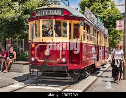 3 January 2019: Christchurch, New Zealand - A vintage tram in City Mall, Cashel Street, in the centre of Christchurch. Stock Photo