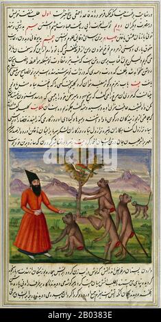 The Anwar-i Suhayli or 'The Lights of Canopus', commonly known as the Fables of Bidpai in the West, is a Persian version of the ancient Indian collection of animal fables, the Panchatantra. It tells a tale of a Persian physician, Burzuyah, and his mission to India, where he stumbles upon a book of stories collected from the animals who reside there.  In a similar vein to the Arabian Nights, the fables in the manuscript are inter-woven as the characters of one story recount the next, leading up to three or four degrees of narrative embedding. Many usually have morals or offer philosophical glim Stock Photo
