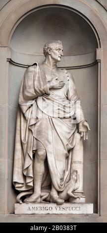 Amerigo Vespucci (9 March 1454 - 22 February 1512) was an Italian explorer, navigator and cartographer, born and brought up by his uncle in the Republic of Florence, in what is now Italy. Vespucci worked for Lorenzo de Medici and his son, Giovanni. In 1492, he was sent to work at the Seville branch of the Medici bank.  At the invitation of King Manuel I of Portugal, Vespucci participated as an observer in several voyages that explored the east coast of South America between 1499 and 1502. Manuel's commander Pedro Alvares Cabral, on his way to the Cape of Good Hope and India in 1500, had discov Stock Photo