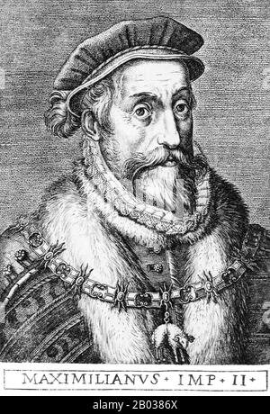 Maximilian II (1527-1576) was the son of Emperor Ferdinand I. He served during the Italian Wars in 1544, as well as the Schmalkadic War. His uncle, Emperor Charles V, made him marry his cousin and Charles' daughter Mary of Spain in 1548, and Maximilian acted temporarily as the emperor's representative in Spain. Questions of succession soon saw trouble brew between the German and Spanish branches of the Habsburg dynasty, and it was suspected that Maximilian was poisoned in 1552 by those in league with his cousin and brother-in-law, Philip II.  The relationship between Maximilian and his cousin Stock Photo