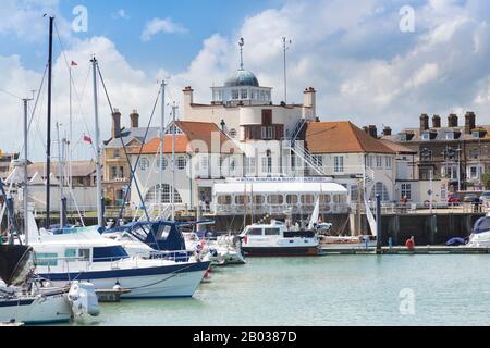 1 June 2019: Lowestoft, Suffolk, UK - Royal Norfolk and Suffolk Yacht Club, and boats in the harbour. Stock Photo