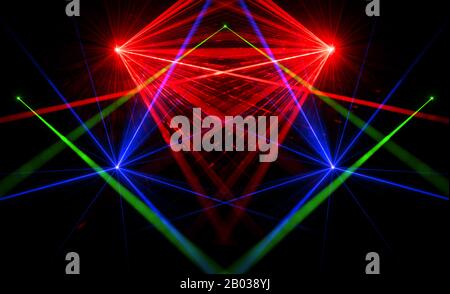 Blue, green and red laser beam light effects on black background Stock Photo
