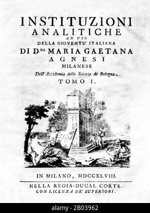 Maria Gaetana Agnesi (16 May 1718 – 9 January 1799) was an Italian mathematician, philosopher, theologian, and humanitarian. She was the first woman to write a mathematics handbook and the first woman appointed as a mathematics professor at a university.  The most valuable result of her labours was the Instituzioni analitiche ad uso della gioventù italiana, (Analytical Institutions for the Use of Italian Youth) which was published in Milan in 1748. The goal of this work was, according to Agnesi herself, to give a systematic illustration of the different results and theorems of infinitesimal ca Stock Photo