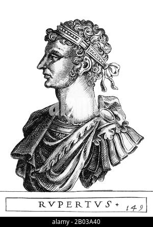 Rupert (1352-1410), also known as Rupert of the Palatinate and Rupert the Gentle, was the son of Elector Palatine Rupert II and a distant relative of Emperor Louis IV. He succeeded his father as Elector Palatine in 1398, and was declared King of Germany in 1400 by his fellow prince-electors, deposing King Wenceslaus.  Rupert lacked a solid power base within the Holy Roman Empire, his rule contested by the House of Luxembourg, King Wenceslaus' house, who refused to recognise his dethronement but took no direct action against Rupert. He marched into Italy in 1401, hoping to be crowned Holy Roman Stock Photo