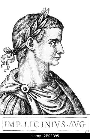 Licinius (263-325) was born to a peasant family and was a childhood friend of future emperor Galerius, becoming a close confidante to Galerius and entrusted with the eastern provinces when Galerius went to deal with the usurper Maxentius. Galerius elevated Licinius to co-emperor, Augustus in the West, in 308, though he personally had control over the eastern provinces. Stock Photo