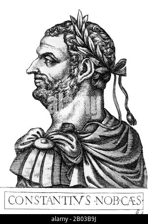 Constantius Chlorus (250-306) was born into a noble framily from Dardania descended from emperors Claudius II and Quintillus.  Constantius joined the Roman army and served under various emperors, eventually being elevated to junior co-emperor alongside Galerius in 293, forming the Tetrarchy.  In 305, Diocletian and Maximian abdicated, elevating Constantius and Galerius to joint emperors. Constantius was fighting the Picts in Britain beyond the Antonine Wall when the declaration came, but he died suddenly a year later in Eboracum (York). His death led to the collapse of the Tetrarchy. His son w Stock Photo