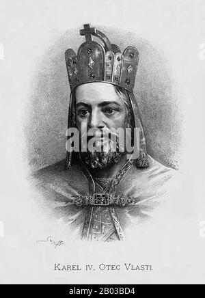 Charles IV (1316-1378), born Wenceslaus, was the eldest son of King John of Bohemia and grandson of Emperor Henry VII, making him part of the Luxembourg dynasty. Charles was crowned King of Italy and Holy Roman Emperor in 1355, and later became King of Burgundy in 1365, making him the personal ruler of all the kingdoms of the Holy Roman Empire. Stock Photo