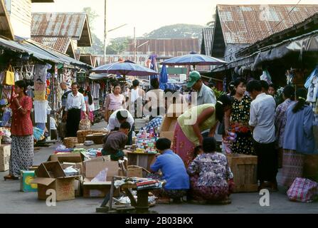 Myitkyina is the capital city of Kachin State. In Burmese it means 'near the big river', and Myitkyina is on the west bank of the Ayeyarwady River, just below 40 km (25 mi) from Myit-son (Burmese for confluence) of its two headstreams (the Mali and N'mai rivers). Stock Photo