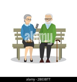 Old people sitting on the bench,grandmother with smartphone,isolated on white background,cartoon vector illustration Stock Vector