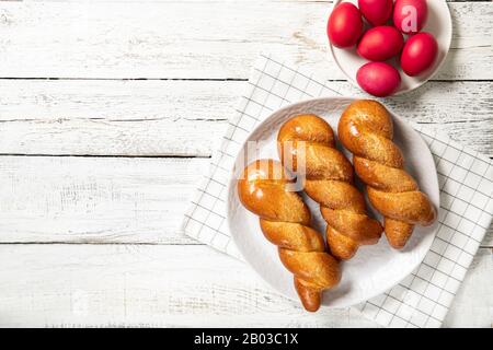 Greek easter buns. Greek Easter. Italian Easter. Traditional easter bread. Easter eggs Stock Photo