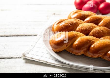 Greek easter buns. Greek Easter. Italian Easter. Traditional easter bread. Easter eggs Stock Photo