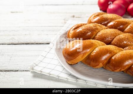 Greek easter buns. Greek Easter. Italian Easter. Traditional easter bread. Easter eggs Stock Photo
