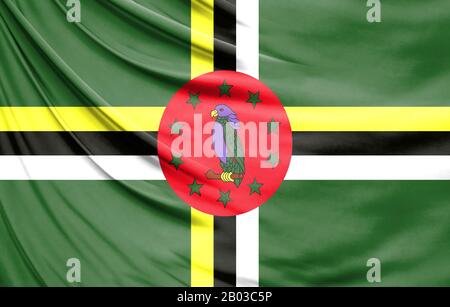 Realistic flag of Dominica on the wavy surface of fabric Stock Photo