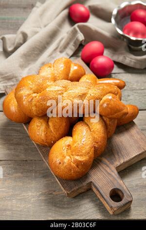 Greek easter buns. Greek Easter. Italian Easter. Traditional easter bread. Easter eggs Stock Photo