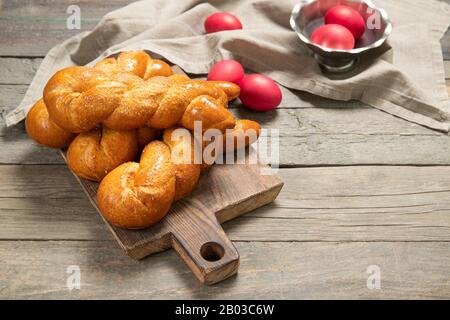 Greek easter buns. Greek Easter. Italian Easter. Traditional easter bread. Easter eggs Stock Photo