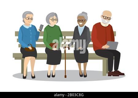 old people or pensioners sitting on bench, isolated on white background,cartoon vector illustration Stock Vector