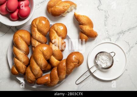 Greek easter buns. Greek Easter. Italian Easter. Traditional easter bread. Easter eggs Stock Photo