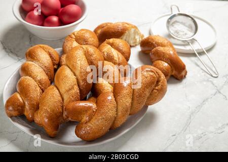 Greek easter buns. Greek Easter. Italian Easter. Traditional easter bread. Easter eggs Stock Photo