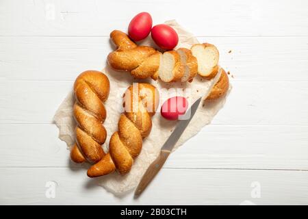 Greek easter buns. Greek Easter. Italian Easter. Traditional easter bread. Easter eggs Stock Photo