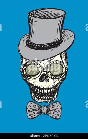Fashion skull with glasses,bow tie and retro hat,hand drawn vector illustration Stock Vector