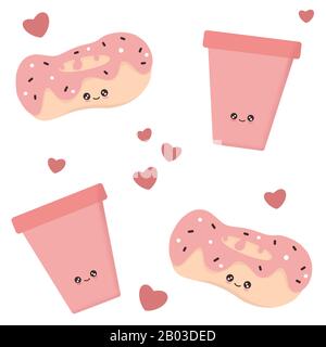 cute cartoon seamless pattern background illustration with character donuts, hearts and coffee cups Stock Photo