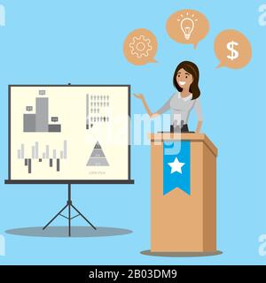 Latin business woman speaking to audience from tribune.Lady giving speech from tribune with microphones.Presentation with charts.Vector cartoon illust Stock Vector