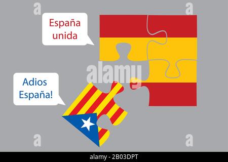 Slice of the puzzle of the flag of Catalonia falls out of the flag of Spain,and speech bubble -United Spain and goodbye Spain,cartoon vector illustrat Stock Vector