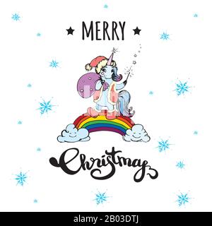 Cute xmas unicorn standing on rainbow.Merry Christmas greeting card template,Hand drawn, Stock Vector illustration Stock Vector