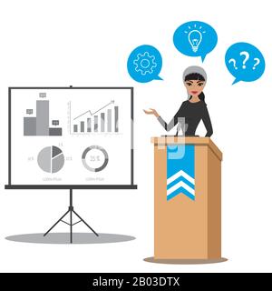 Arabic business woman speaking to audience from tribune. Muslim lady giving speech from tribune with microphones.Presentation.Vector cartoon illustrat Stock Vector