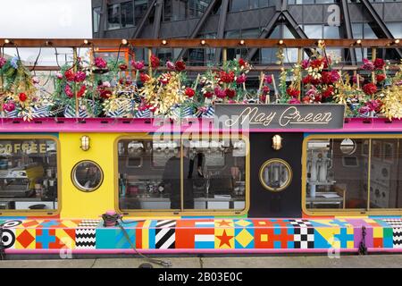 Darcie and May Green canal boats , a floating restaurant, Paddington Basin regeneration project, Grand Union Canal, Paddington London UK Stock Photo