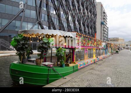 Darcie and May Green canal boats , a floating restaurant, Paddington Basin regeneration project, Grand Union Canal, Paddington London UK Stock Photo