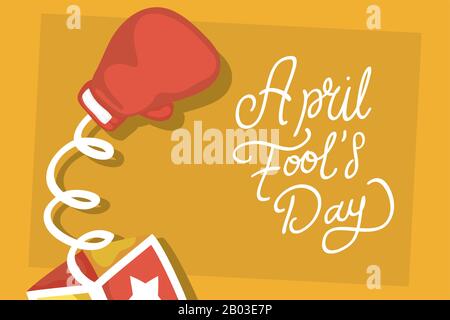 happy april fools day card with surprise box and boxing glove Stock Vector