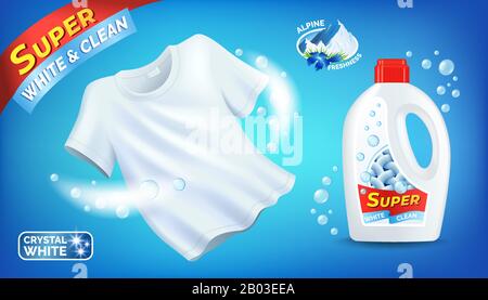 Laundry detergent ad with clean white T-shirt and liquid product package, plastic bottle with label, Alpine freshness perfume, vector illustration. Stock Vector