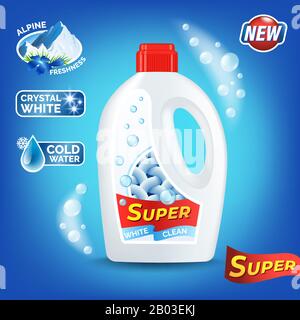 Laundry detergent ad with liquid product package, plastic bottle with labels Alpine freshness perfume, washing stickers, vector illustration. Stock Vector
