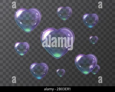 Soap bubbles made in the shape of a heart isolated on a transparent background. Vector illustration set of purple soap bubbles hearts flying up. Stock Vector