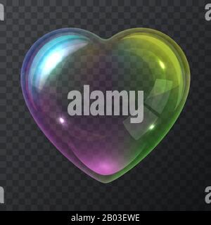 Soap bubble heart isolated on a transparent background. Vector illustration of a rainbow shiny soap bubble made in the form of a heart shape. Stock Vector