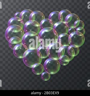 Soap bubbles in the shape of a heart flying in the air. Vector illustration set of sparkling soap bubbles resembling a heart isolated on a transparent Stock Vector