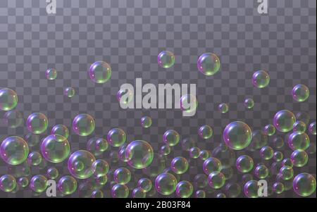 Soap bubbles located below isolated on a transparent background. Flying falling soap bubbles with rainbow reflection. Texture elements for design, lau Stock Vector