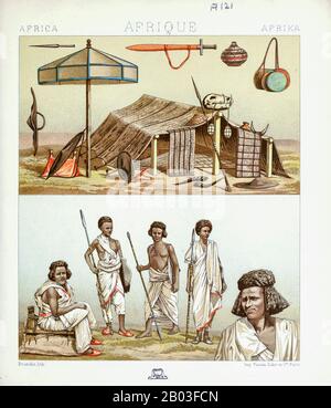 Ancient African tribal fashion and accessories from Geschichte des kostüms in chronologischer entwicklung (History of the costume in chronological development) by Racinet, A. (Auguste), 1825-1893. and Rosenberg, Adolf, 1850-1906, Volume 1 printed in Berlin in 1888 Stock Photo