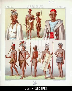 Ancient African tribal fashion and accessories from Geschichte des kostüms in chronologischer entwicklung (History of the costume in chronological development) by Racinet, A. (Auguste), 1825-1893. and Rosenberg, Adolf, 1850-1906, Volume 1 printed in Berlin in 1888 Stock Photo