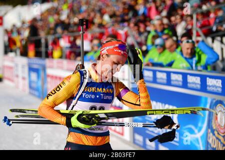 Antholz, Italy. 18th Aug, 2017. Biathlon: World Championship, 15 km singles, women. Denise Herrmann from Germany at the finish. Credit: Hendrik Schmidt/dpa/Alamy Live News Stock Photo