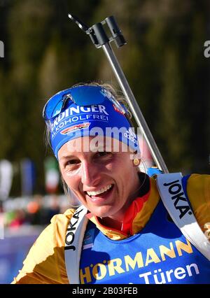 Antholz, Italy. 18th Aug, 2017. Biathlon: World Championship, 15 km singles, women. Vanessa Hinz from Germany is happy at the finish. Credit: Hendrik Schmidt/dpa/Alamy Live News Stock Photo