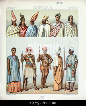 Ancient African tribal fashion and accessories from Geschichte des kostüms in chronologischer entwicklung (History of the costume in chronological development) by Racinet, A. (Auguste), 1825-1893. and Rosenberg, Adolf, 1850-1906, Volume 1 printed in Berlin in 1888 Stock Photo